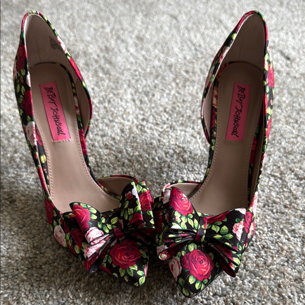 Betsey Johnson Black and Red Floral Heels with Bow